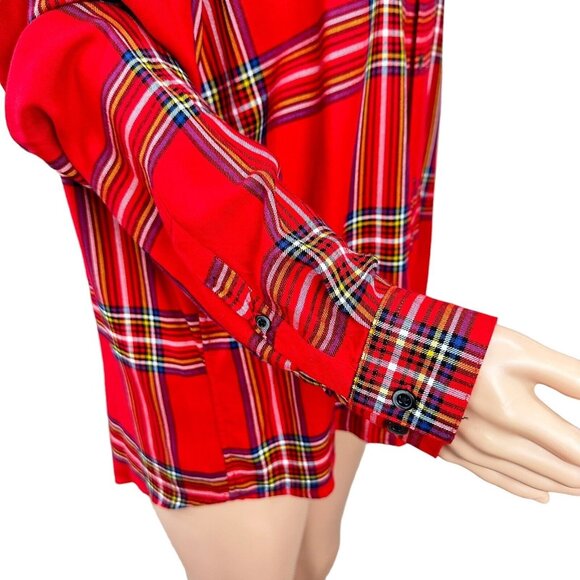 H&M Women Red Plaid Button Down Shirt SZ L Christmas Classic -Holiday Multicolor - Picture 8 of 15